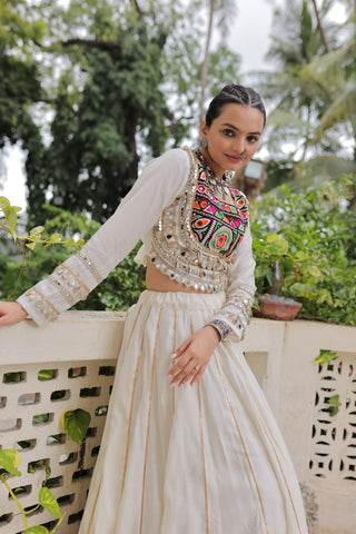 White Navratri Special Roman Fabric Lehenga Choli with Kutchi Gamthi & Mirror Work ClothsVilla
