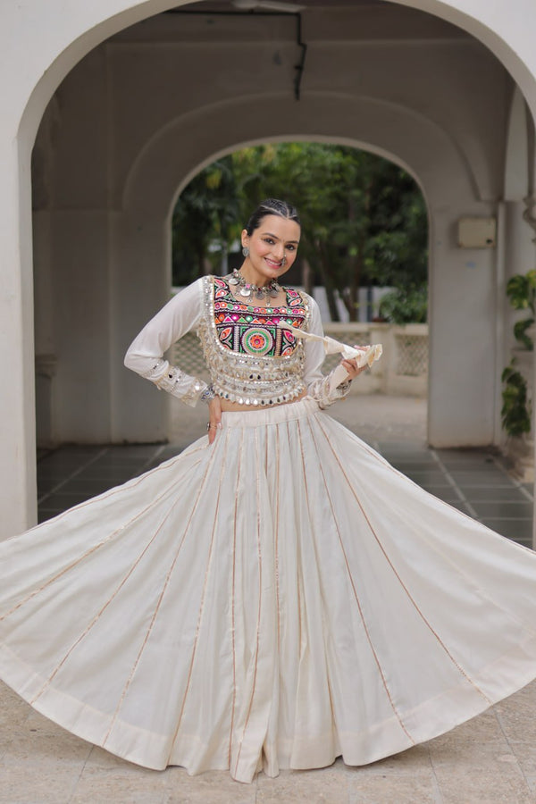 White Navratri Special Roman Fabric Lehenga Choli with Kutchi Gamthi & Mirror Work ClothsVilla