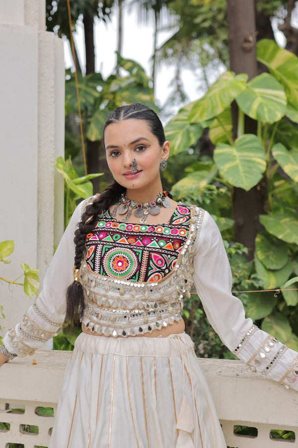 White Navratri Special Roman Fabric Lehenga Choli with Kutchi Gamthi & Mirror Work ClothsVilla