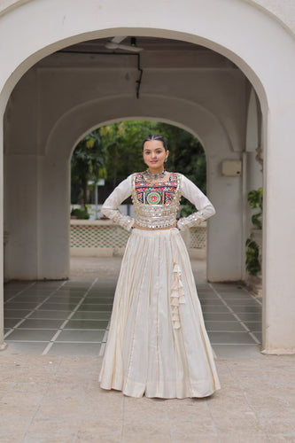 White Navratri Special Roman Fabric Lehenga Choli with Kutchi Gamthi & Mirror Work ClothsVilla