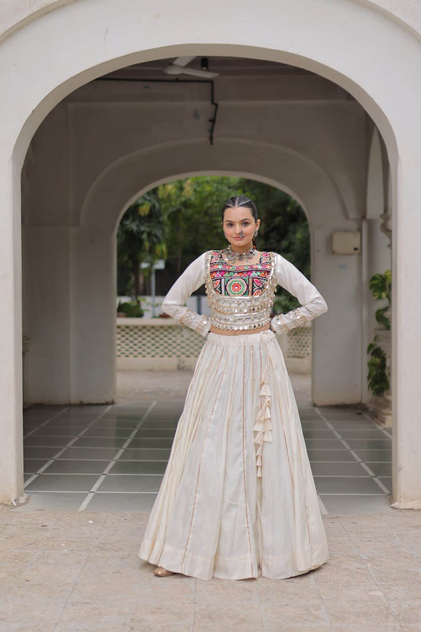 White Navratri Special Roman Fabric Lehenga Choli with Kutchi Gamthi & Mirror Work Secondary image