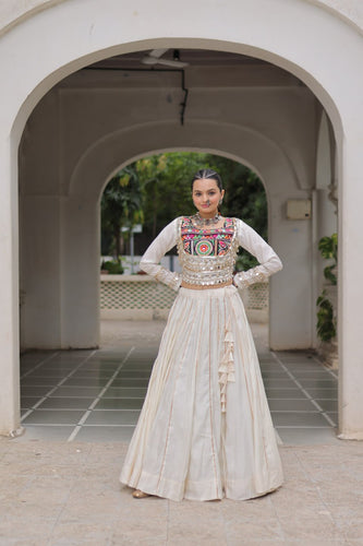 White Navratri Special Roman Fabric Lehenga Choli with Kutchi Gamthi & Mirror Work ClothsVilla