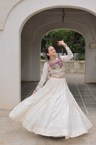 White Navratri Special Roman Fabric Lehenga Choli with Kutchi Gamthi & Mirror Work ClothsVilla