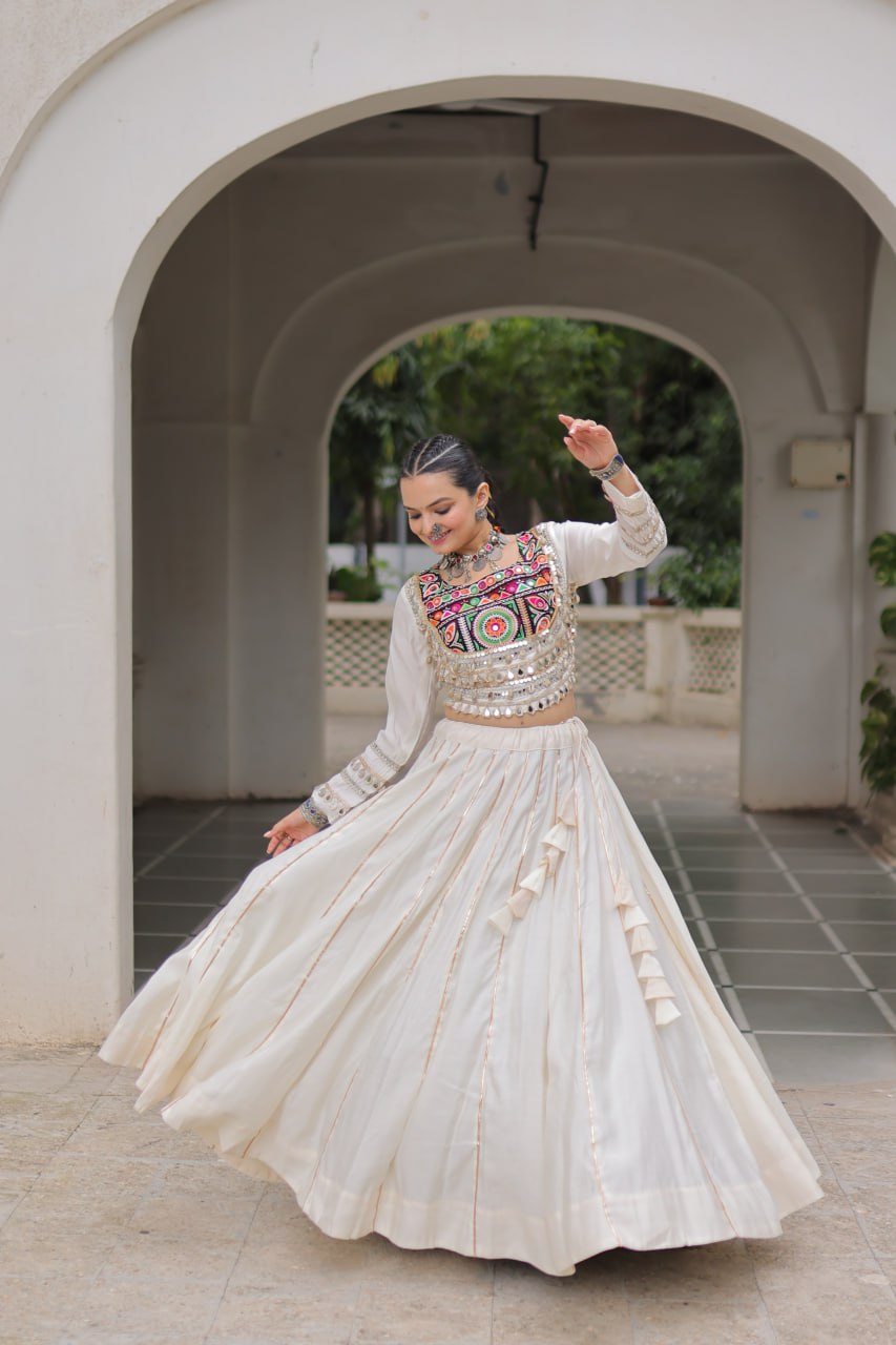White Navratri Special Roman Fabric Lehenga Choli with Kutchi Gamthi & Mirror Work ClothsVilla