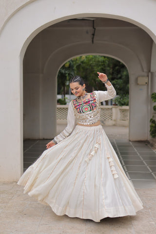 White Navratri Special Roman Fabric Lehenga Choli with Kutchi Gamthi & Mirror Work ClothsVilla