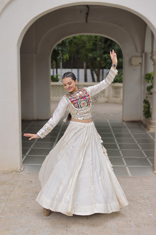 White Navratri Special Roman Fabric Lehenga Choli with Kutchi Gamthi & Mirror Work ClothsVilla