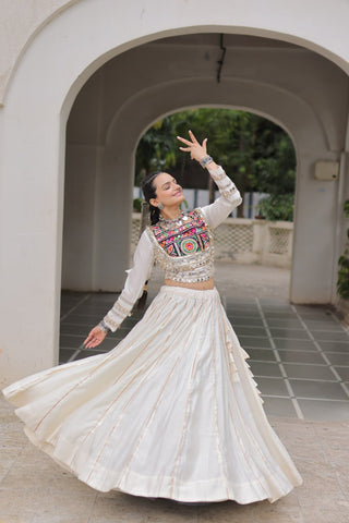 White Navratri Special Roman Fabric Lehenga Choli with Kutchi Gamthi & Mirror Work ClothsVilla
