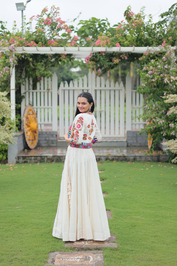 White Navratri Special Roman Fabric Lehenga Set with Kutchi Gamthi Embroidery & Gota Patti Lace ClothsVilla