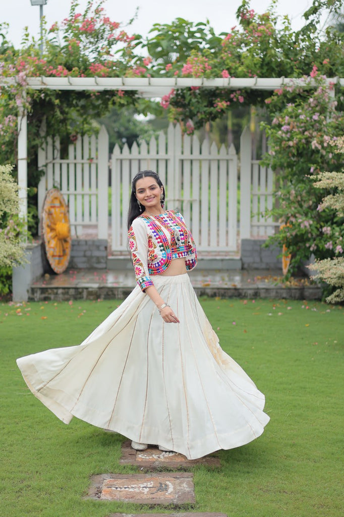 White Navratri Special Roman Fabric Lehenga Set with Kutchi Gamthi Embroidery & Gota Patti Lace ClothsVilla