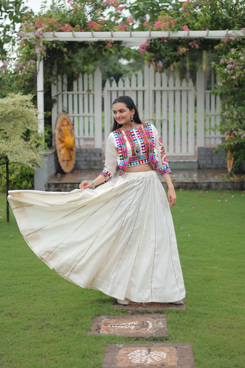White Navratri Special Roman Fabric Lehenga Set with Kutchi Gamthi Embroidery & Gota Patti Lace ClothsVilla