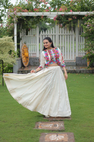 White Navratri Special Roman Fabric Lehenga Set with Kutchi Gamthi Embroidery & Gota Patti Lace ClothsVilla