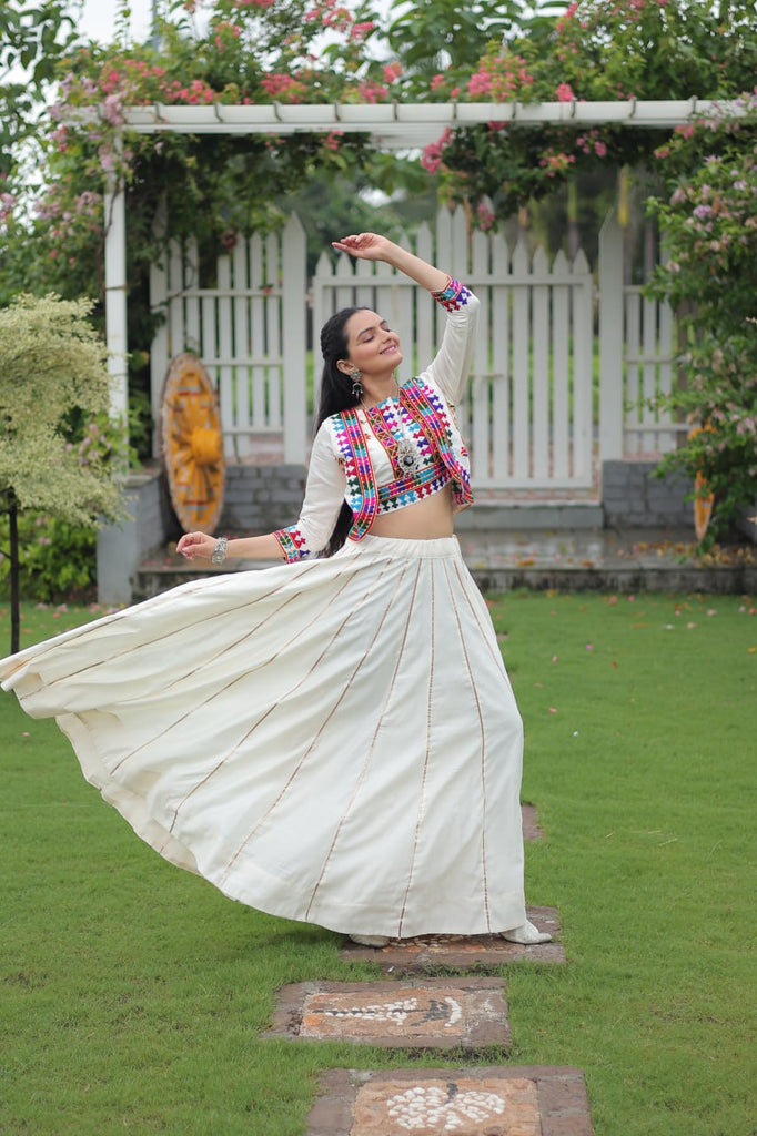 White Navratri Special Roman Fabric Lehenga Set with Kutchi Gamthi Embroidery & Gota Patti Lace ClothsVilla