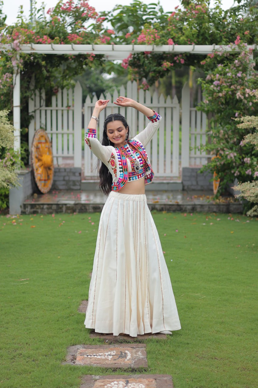 White Navratri Special Roman Fabric Lehenga Set with Kutchi Gamthi Embroidery & Gota Patti Lace ClothsVilla