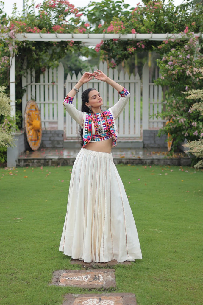 White Navratri Special Roman Fabric Lehenga Set with Kutchi Gamthi Embroidery & Gota Patti Lace ClothsVilla