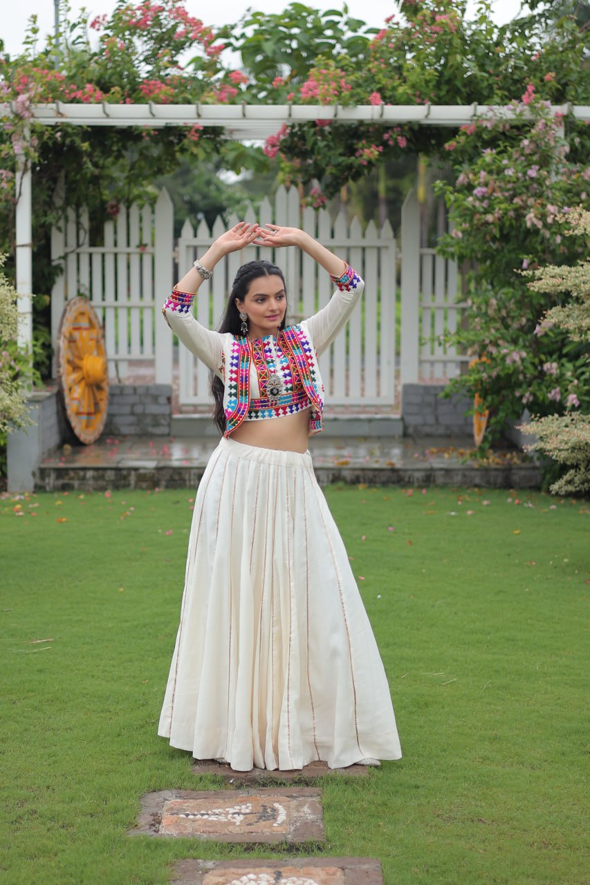 White Navratri Special Roman Fabric Lehenga Set with Kutchi Gamthi Embroidery & Gota Patti Lace ClothsVilla