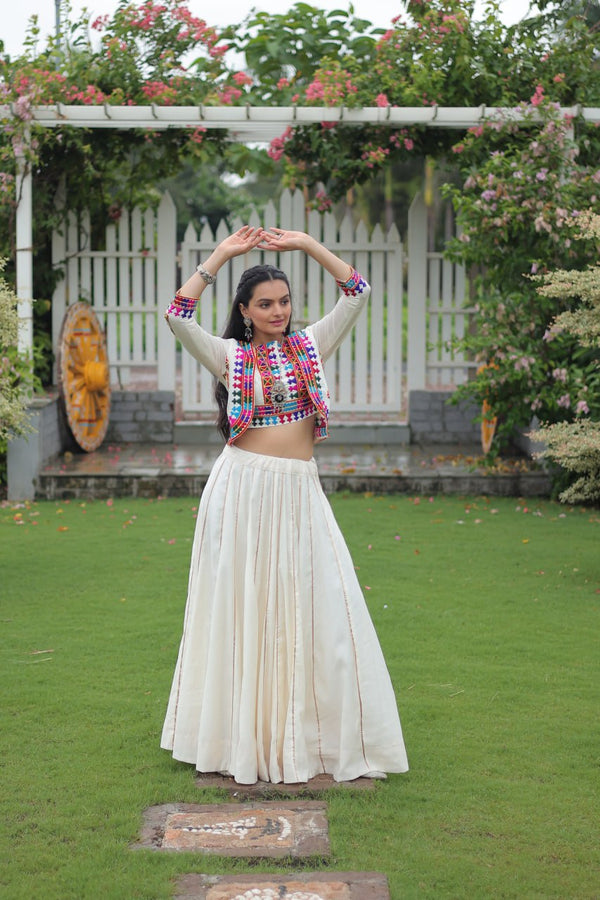 White Navratri Special Roman Fabric Lehenga Set with Kutchi Gamthi Embroidery & Gota Patti Lace ClothsVilla