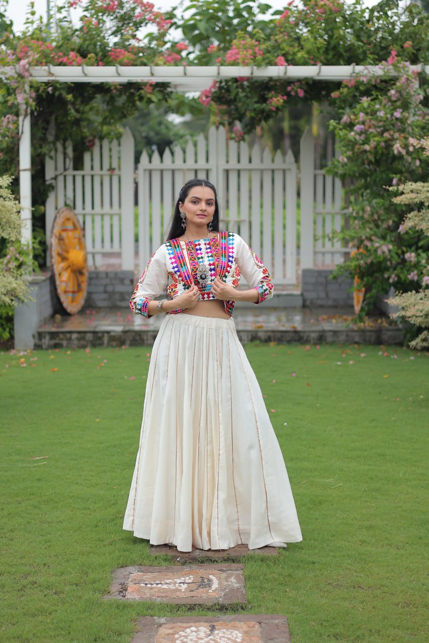 White Navratri Special Roman Fabric Lehenga Set with Kutchi Gamthi Embroidery & Gota Patti Lace ClothsVilla