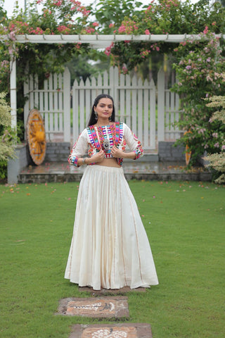 White Navratri Special Roman Fabric Lehenga Set with Kutchi Gamthi Embroidery & Gota Patti Lace ClothsVilla