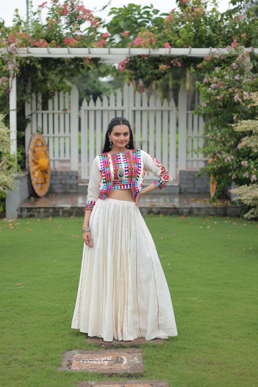 White Navratri Special Roman Fabric Lehenga Set with Kutchi Gamthi Embroidery & Gota Patti Lace ClothsVilla
