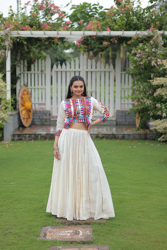 White Navratri Special Roman Fabric Lehenga Set with Kutchi Gamthi Embroidery & Gota Patti Lace ClothsVilla