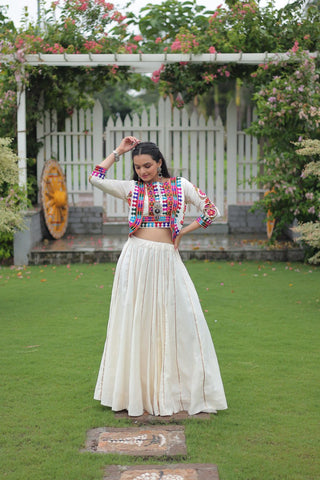 White Navratri Special Roman Fabric Lehenga Set with Kutchi Gamthi Embroidery & Gota Patti Lace ClothsVilla