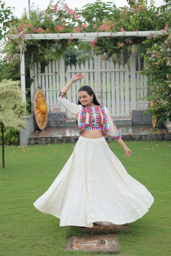White Navratri Special Roman Fabric Lehenga Set with Kutchi Gamthi Embroidery & Gota Patti Lace ClothsVilla
