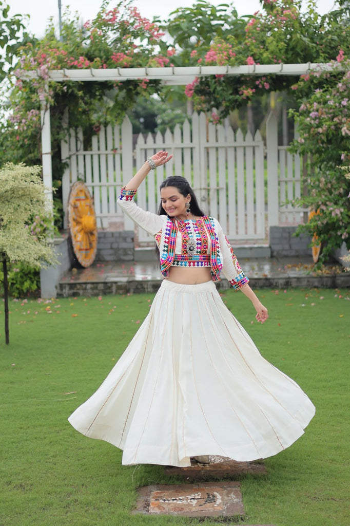 White Navratri Special Roman Fabric Lehenga Set with Kutchi Gamthi Embroidery & Gota Patti Lace ClothsVilla