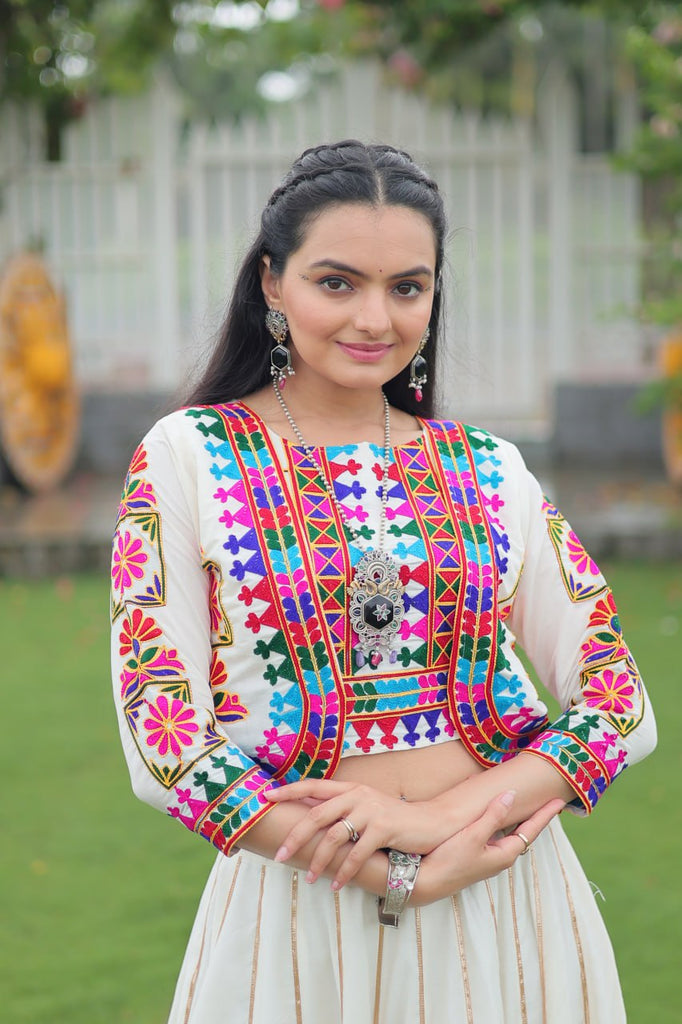 White Navratri Special Roman Fabric Lehenga Set with Kutchi Gamthi Embroidery & Gota Patti Lace ClothsVilla