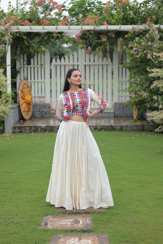 White Navratri Special Roman Fabric Lehenga Set with Kutchi Gamthi Embroidery & Gota Patti Lace ClothsVilla