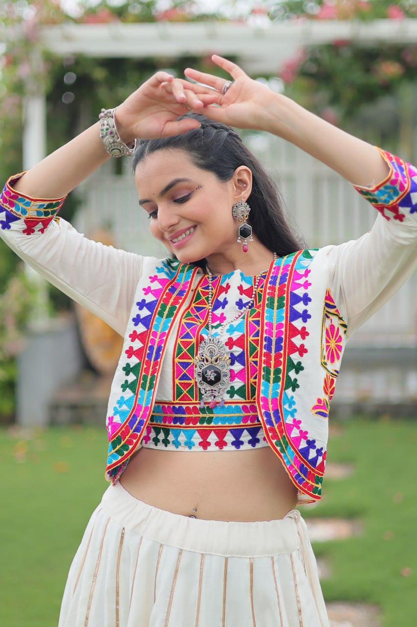 White Navratri Special Roman Fabric Lehenga Set with Kutchi Gamthi Embroidery & Gota Patti Lace ClothsVilla