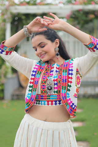 White Navratri Special Roman Fabric Lehenga Set with Kutchi Gamthi Embroidery & Gota Patti Lace ClothsVilla