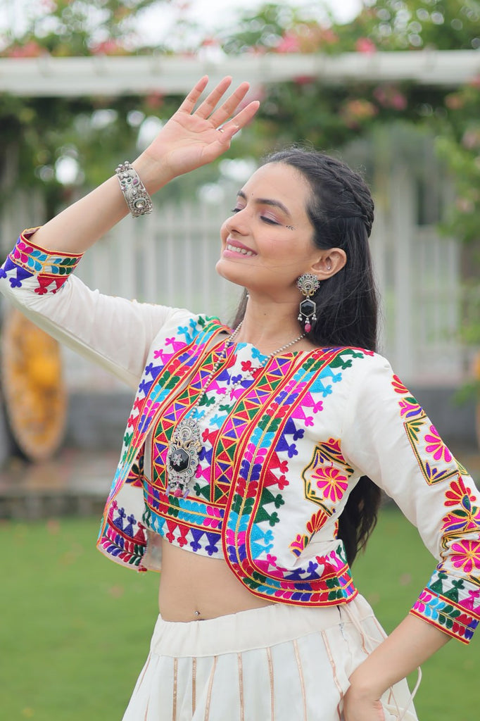 White Navratri Special Roman Fabric Lehenga Set with Kutchi Gamthi Embroidery & Gota Patti Lace ClothsVilla