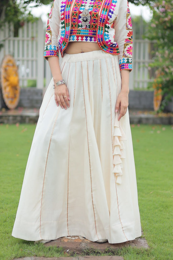 White Navratri Special Roman Fabric Lehenga Set with Kutchi Gamthi Embroidery & Gota Patti Lace ClothsVilla