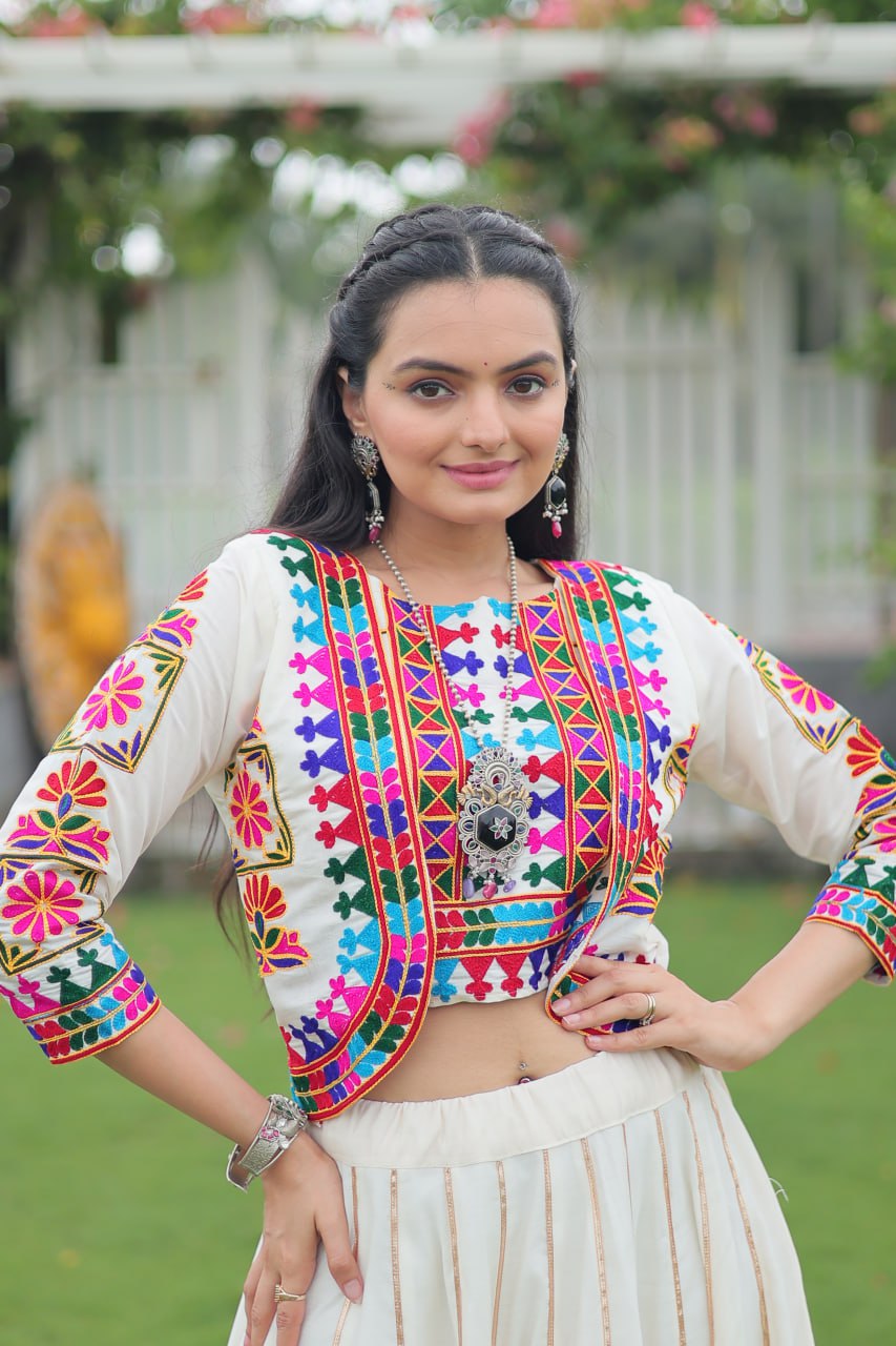 White Navratri Special Roman Fabric Lehenga Set with Kutchi Gamthi Embroidery & Gota Patti Lace ClothsVilla