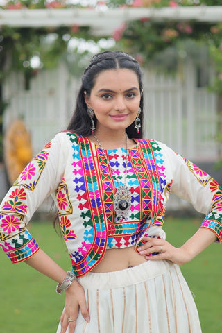 White Navratri Special Roman Fabric Lehenga Set with Kutchi Gamthi Embroidery & Gota Patti Lace ClothsVilla