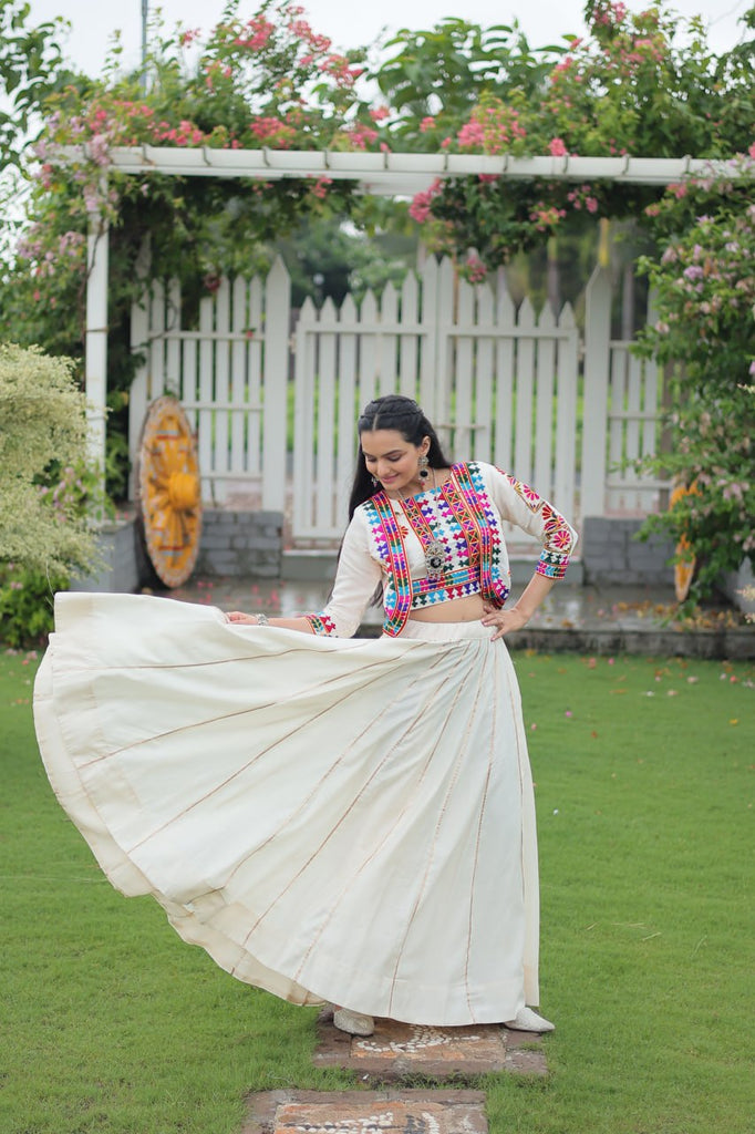 White Navratri Special Roman Fabric Lehenga Set with Kutchi Gamthi Embroidery & Gota Patti Lace ClothsVilla