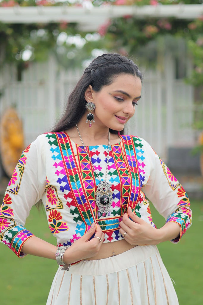 White Navratri Special Roman Fabric Lehenga Set with Kutchi Gamthi Embroidery & Gota Patti Lace ClothsVilla