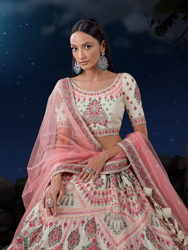 White Net Lehenga Choli Set with Thread & Sequin Embellishments ClothsVilla
