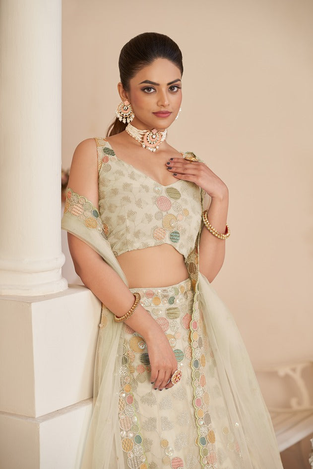 Mesmerizing White Net Lehenga Choli with Multicolor Thread & Sequin Embroidery ClothsVilla