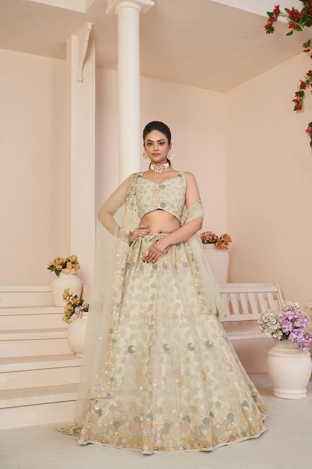 Mesmerizing White Net Lehenga Choli with Multicolor Thread & Sequin Embroidery ClothsVilla