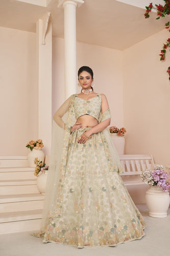 Mesmerizing White Net Lehenga Choli with Multicolor Thread & Sequin Embroidery ClothsVilla
