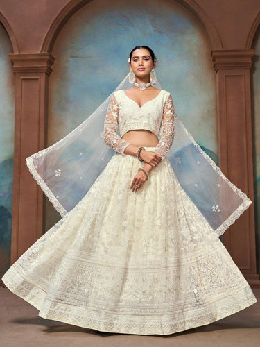 White Net Zari & Sequin Embroidered Semi-Stitched Lehenga Choli with Matching Net Embroidered Dupatta ClothsVilla