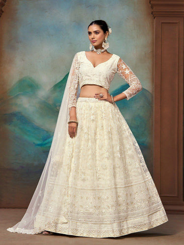 White Net Zari & Sequin Embroidered Semi-Stitched Lehenga Choli with Matching Net Embroidered Dupatta ClothsVilla