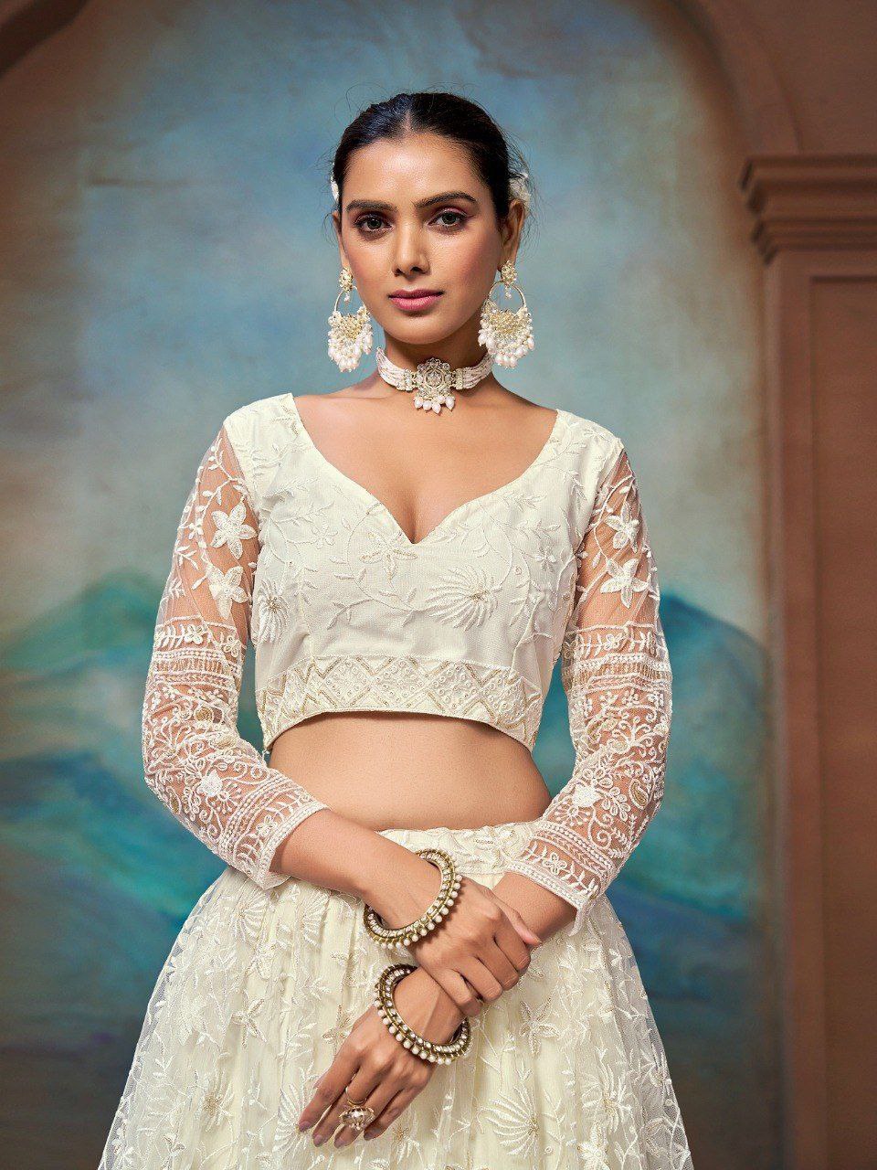 White Net Zari & Sequin Embroidered Semi-Stitched Lehenga Choli with Matching Net Embroidered Dupatta ClothsVilla