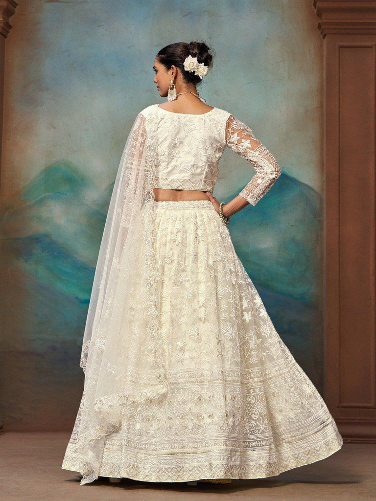 White Net Zari & Sequin Embroidered Semi-Stitched Lehenga Choli with Matching Net Embroidered Dupatta ClothsVilla