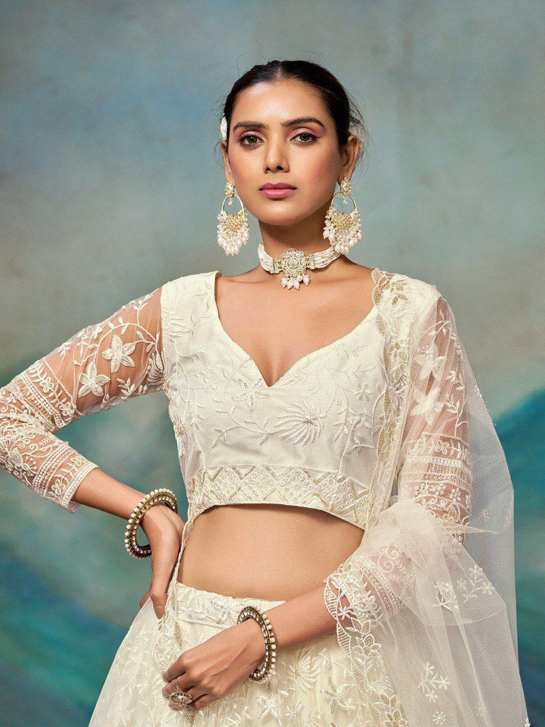 White Net Zari & Sequin Embroidered Semi-Stitched Lehenga Choli with Matching Net Embroidered Dupatta ClothsVilla