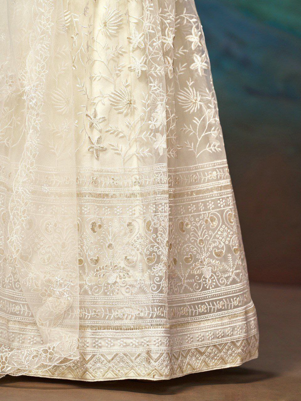 White Net Zari & Sequin Embroidered Semi-Stitched Lehenga Choli with Matching Net Embroidered Dupatta ClothsVilla