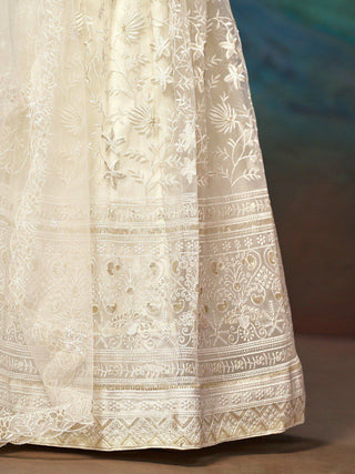 White Net Zari & Sequin Embroidered Semi-Stitched Lehenga Choli with Matching Net Embroidered Dupatta ClothsVilla