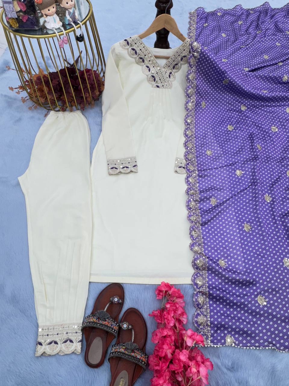 White New Designer Party Wear Fancy Top, Bottom & Printed Dupatta Set Clothsvilla
