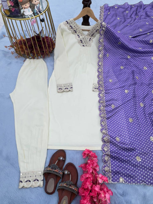 White New Designer Party Wear Fancy Top, Bottom & Printed Dupatta Set Clothsvilla